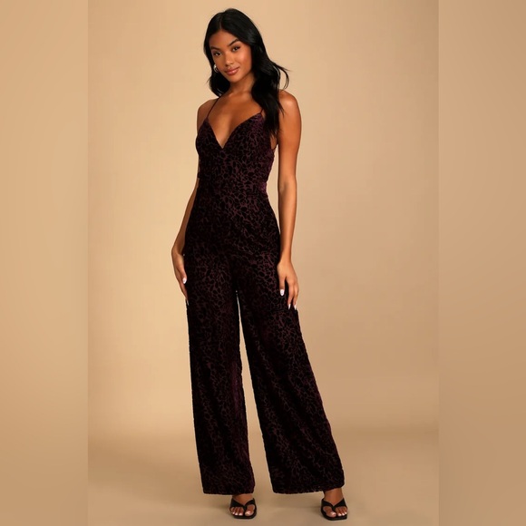🍇Lulus Very Classy Floral Burnout Velvet Wide-Leg Jumpsuit in Purple Plum, XL - Picture 3 of 9